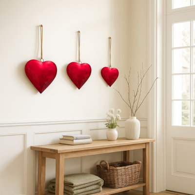 Myri Decorative Metal Heart Wall Decor Set Of 3, Classic Red With Jute Hanging Rope, 12, 9.5, 7 Inches