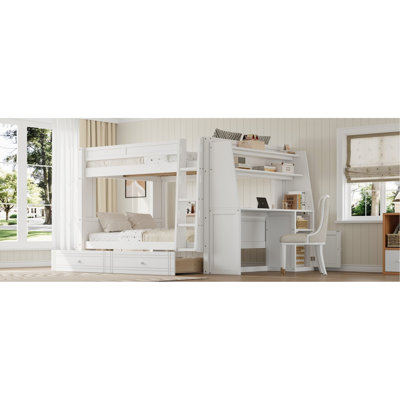 Lit superposé double pleine grandeur avec lumière DEL, bureau et étagères, tiroirs, rouge et noir