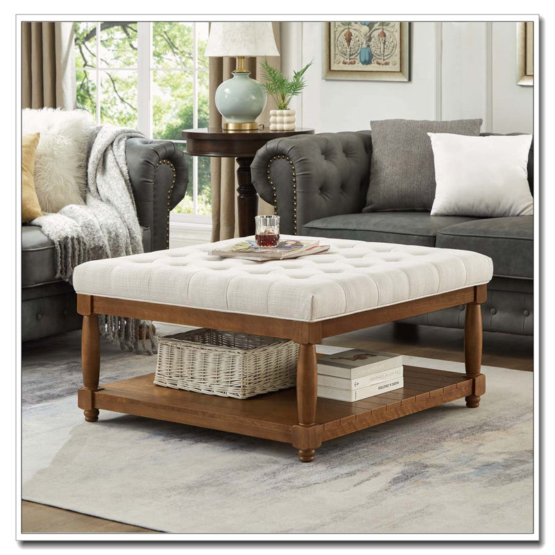 Upholstered Tufted Linen Ottoman Coffee Table, Ivory, Square
