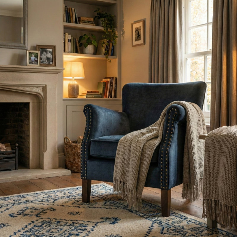 Velour Upholstered Armchair, Deep Ocean