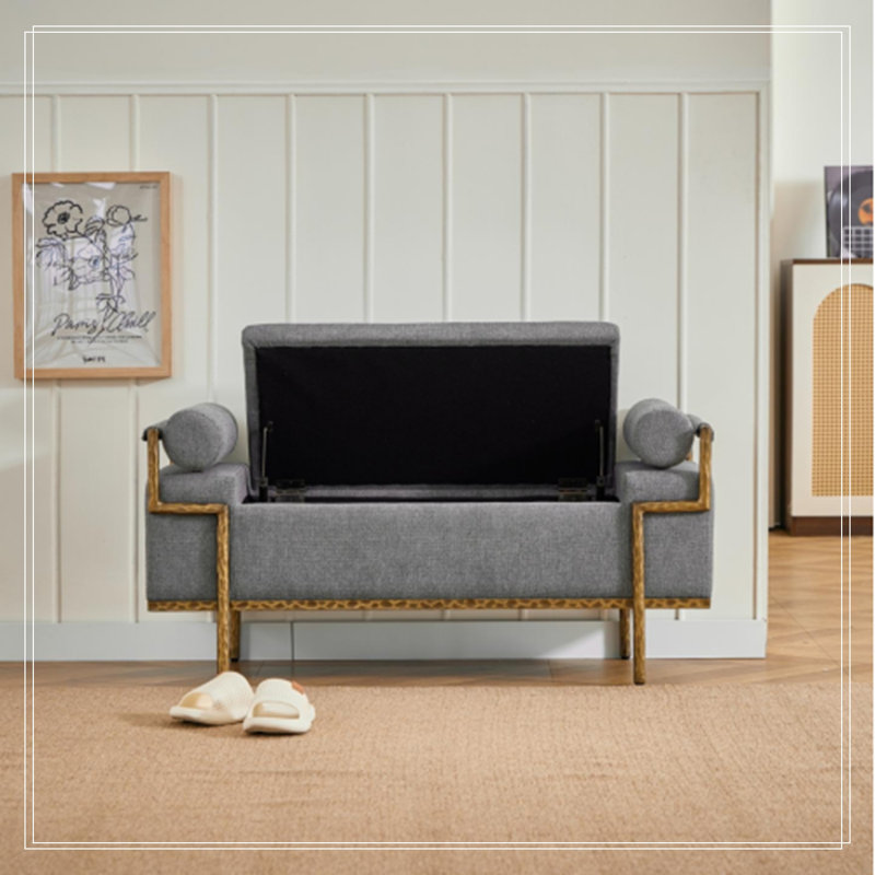 Banc de rangement capitonné à couvercle rabattable avec pattes en métal, Grey