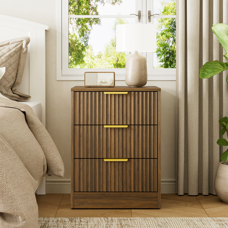 Fluted Nightstand With 3 Storage Drawers, Rustic Walnut, 3