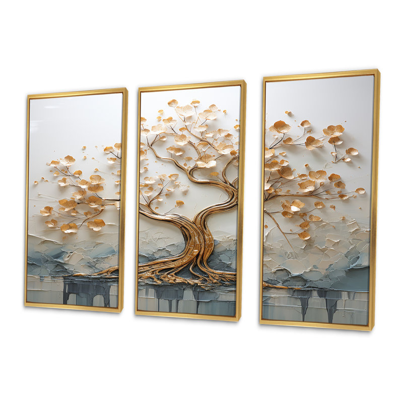 Arbre doré dans un lac au début du printemps I - ensemble d'art mural arbre, Cadre flottant doré, H 32 po x l 48 po x P 1 po