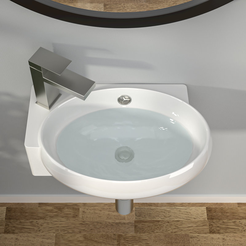 16" x 11" Wall Mount Bathroom Sink, Small Oval Ceramic Wall Hung Vanity Sink with Overflow, Single Hole Faucet Compatible, White