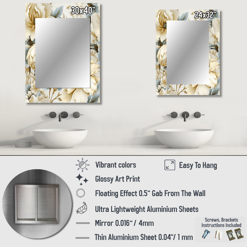 Khan Neo Victorian Fusion Victorian Pattern - Floral Mirror, Cottage Decorative Wall Mirror, Printed Metal Art, 32" x 24"
