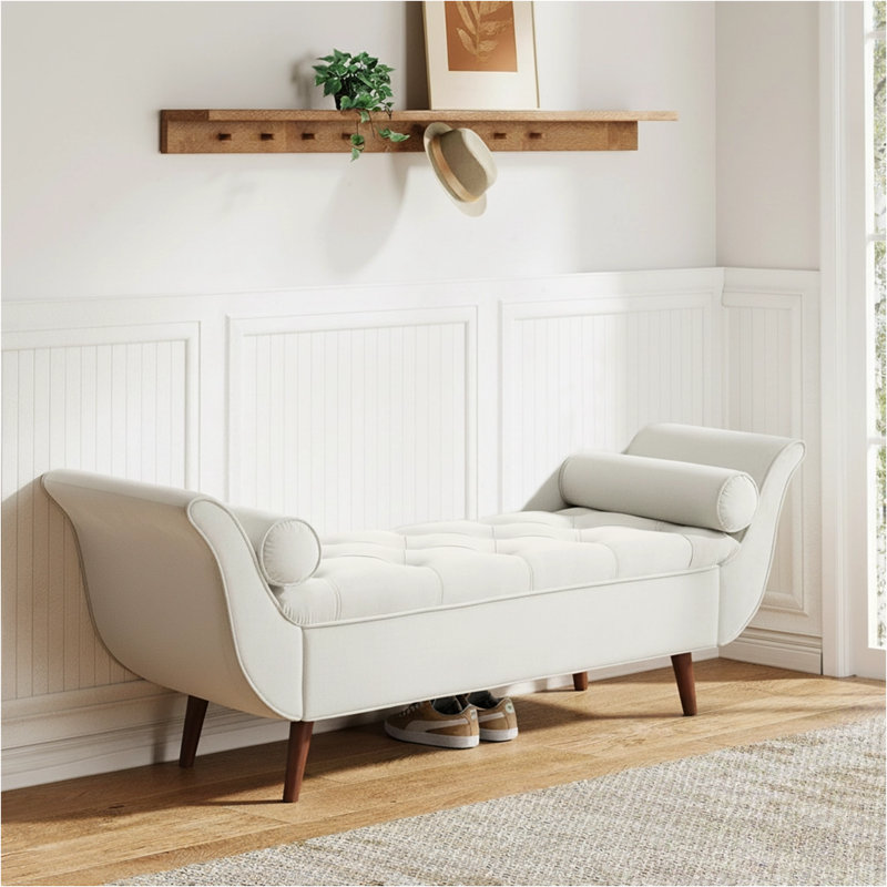 Velvet Upholstered Storage Bench, Beige