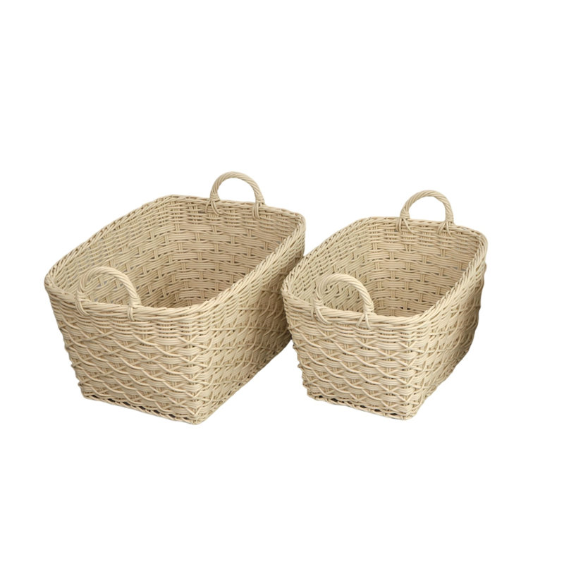 Swar Resin Wicker Storage Baskets, Set of 2, White Rectangular with Handles – Woven Organizer Bins for Pantry, Closet, Bathroom, or Living Room Shelves