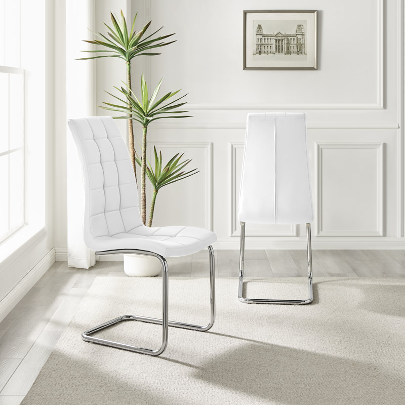 Lenworth Chrome and Glass Rectangular Dining Table Set with 4 Modern Faux Leather Chairs, White