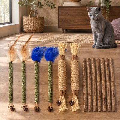 Pour les chats et les chatons d'intérieur qui ont tendance à mâcher de manière agressive, cet ensemble de 12 bâtons à mâcher à base de vigne argentée et d'herbe à chat contient des plumes interactives et est conçu comme un jouet de soin dentaire pour le broyage des dents.