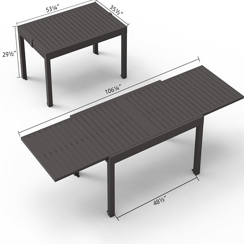 Grande table de patio en métal en aluminium, réglable de 53 à 106 po pour 6 à 8 personnes, table de salle à manger rectangulaire foncé