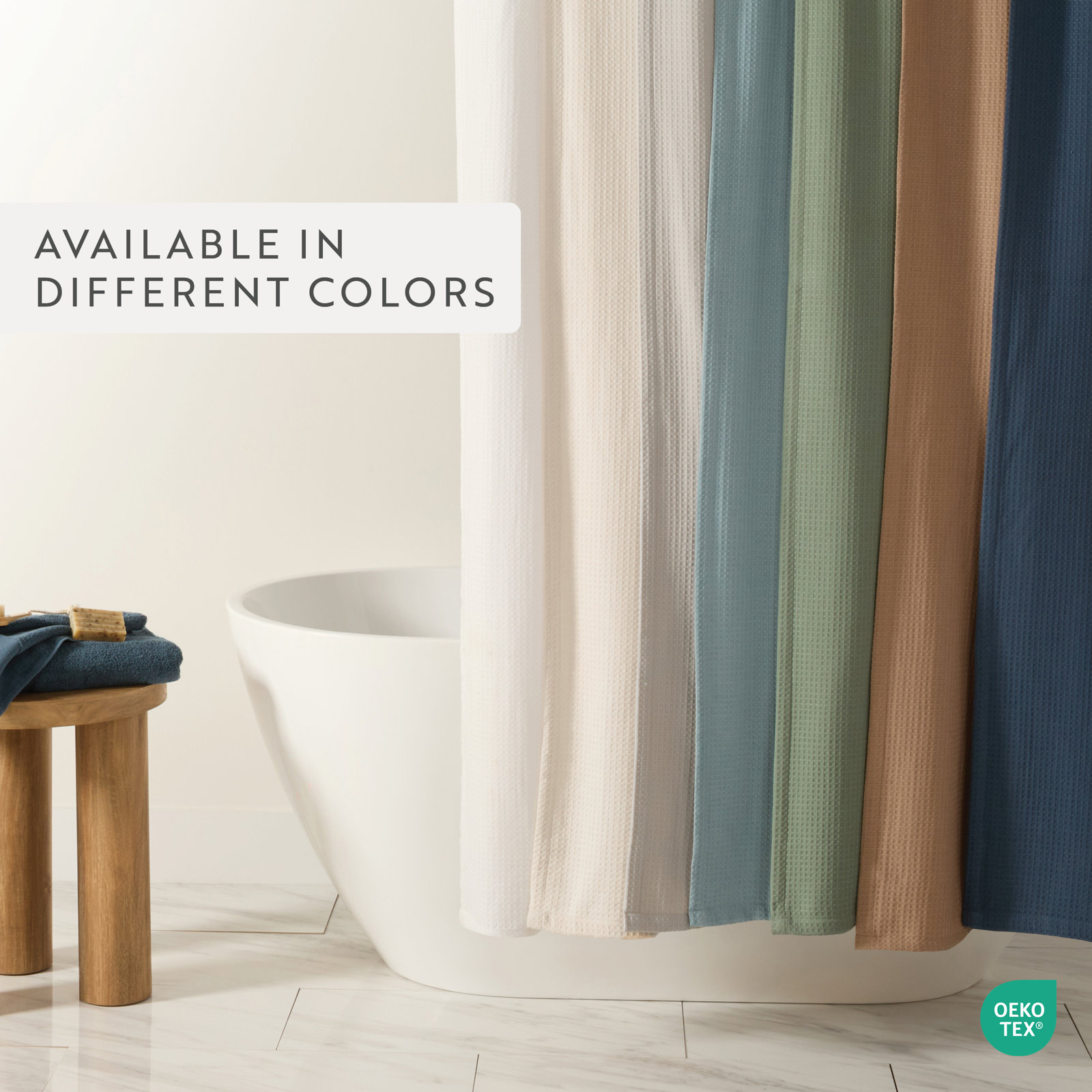 Waffle Textured Cotton Blend Shower Curtain, Ivory