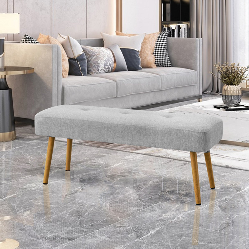 Banc rembourré en tissu de lin avec pieds en métal doré, gris