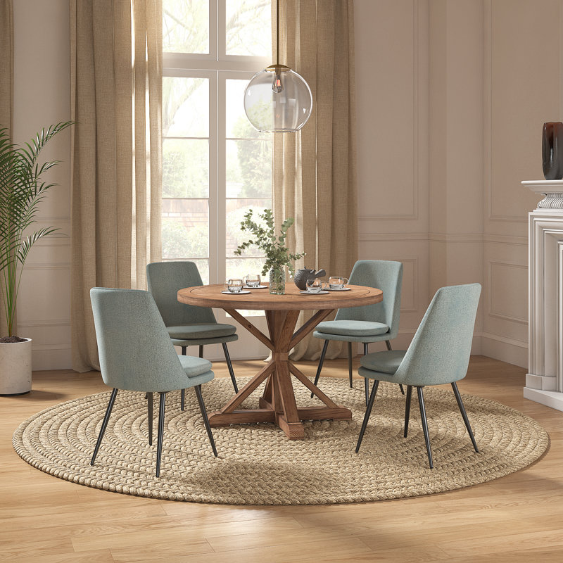 Ceri Rustic X-Base 48" Round Dining Table Set -Table And 4 Chenille Fabric Chairs, Blue/Black, Brown