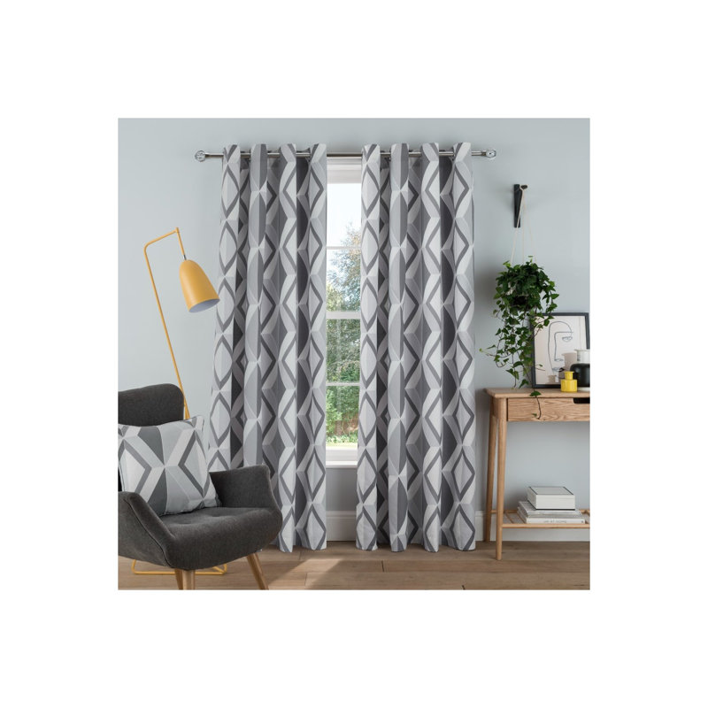 Diamond Geo Cotton Semi Sheer Curtain Pair, Gray, 168 x 229 cm