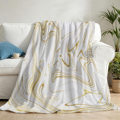 Jeté en flanelle dorée ultra douce, imprimé marbré blanc et marbré
