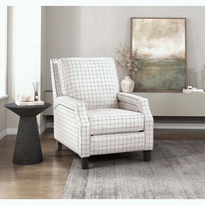 Fauteuil inclinable par pression - Tissu texturé blanc cassé - Garniture cloutée - Pieds en bois apparents