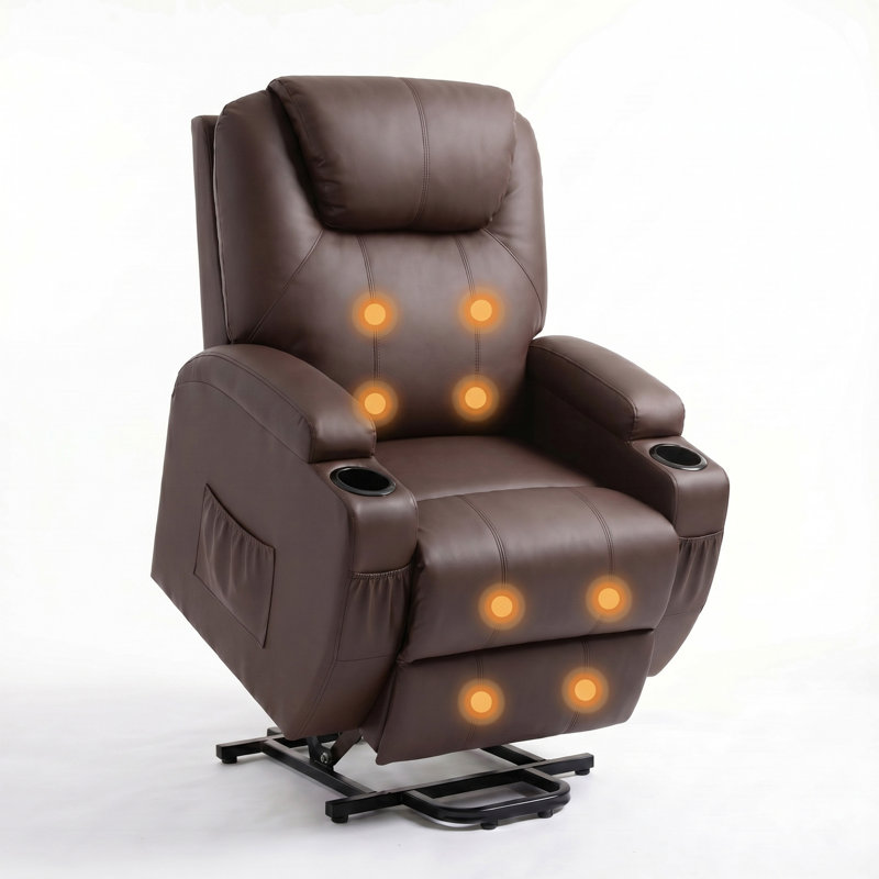 Polyester and Metal Frame Power Lift Massage Recliner , Brown Faux Leather