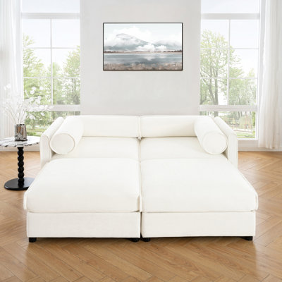 Élégant canapé en chenille 2 places avec 2 sièges de rangement pour repose-pieds, dossier cylindrique et accoudoirs, causeuse moderne en tissu avec espace de rangement caché