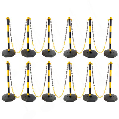 12 Pack Traffic Delineator Post Cones With Fillable Base, Adjustable Plastic Safety Barrier With 5Ft Plastic Chain, Outdoor And Indoor Crowd Control Stanchion For Traffic Control And Warning Y/B