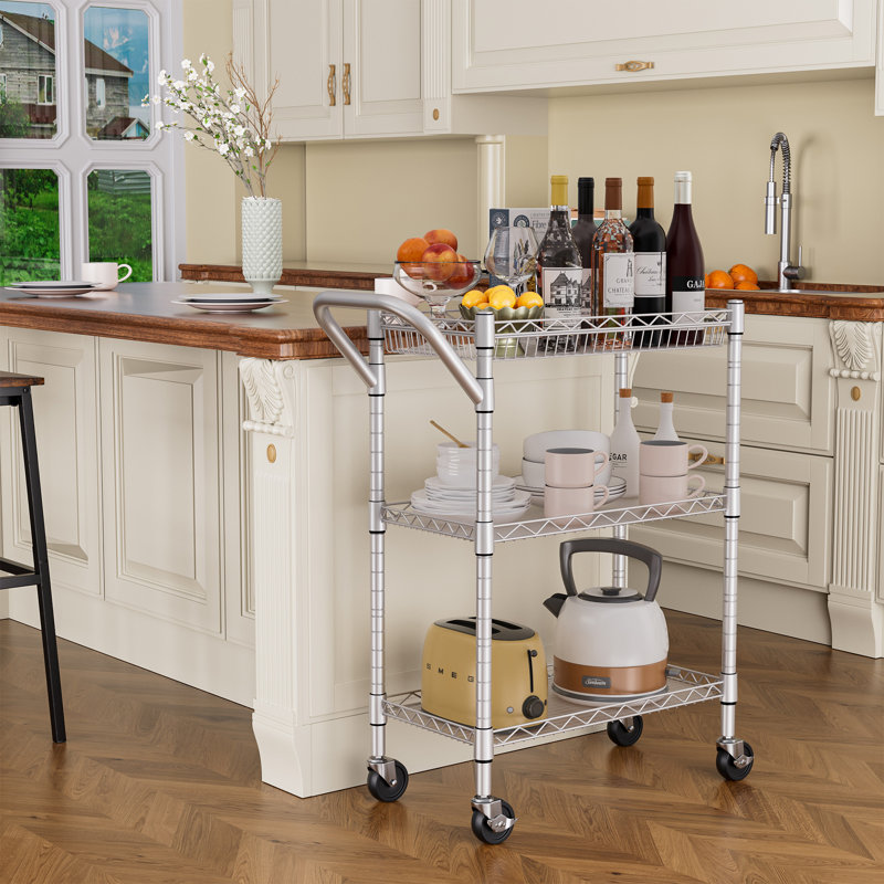 Commercial 3-Tier Utility Cart with Adjustable Shelves & Locking Wheels, Silver