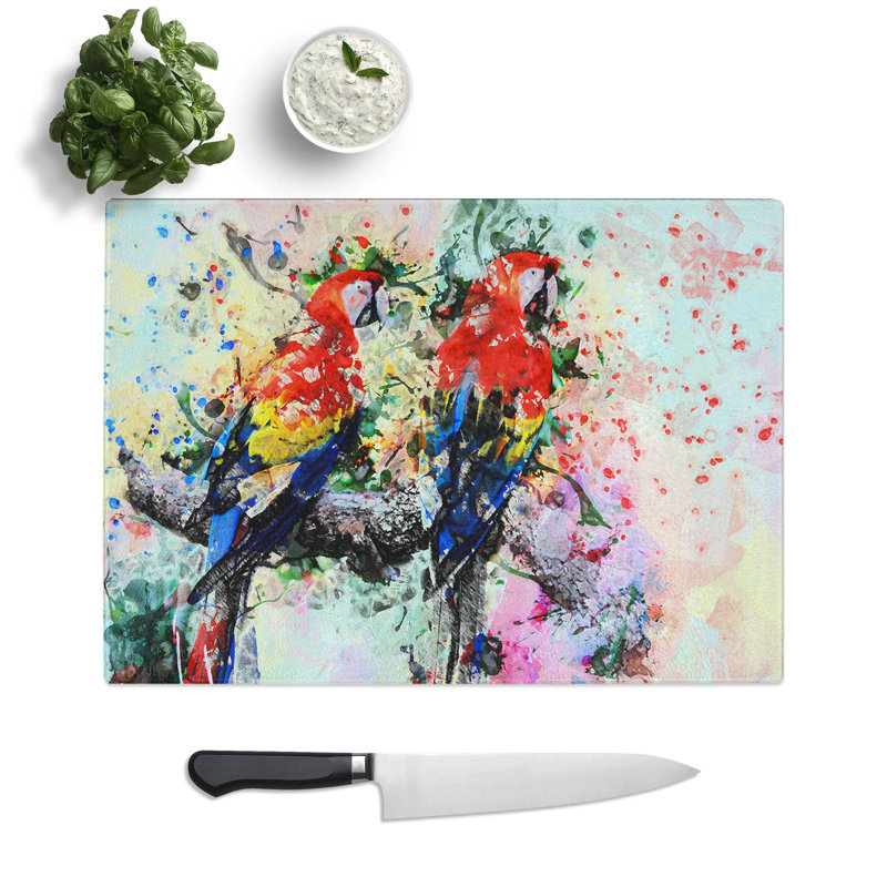 Tempered Glass Two Rainbow Macaw Parrots in Abstract Chopping Board, 39 cm W x 28.5 cm L