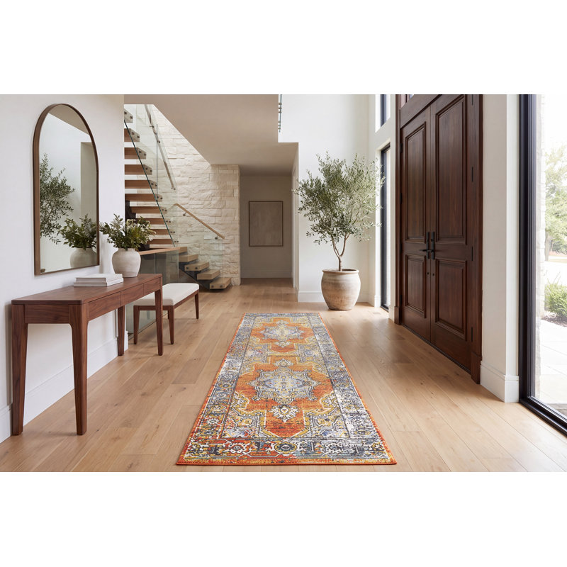 Tapis oriental en polypropylène tissé à la machine en brun / bleu, Tapis de couloir 2 pi 2 po x 7 pi 7 po