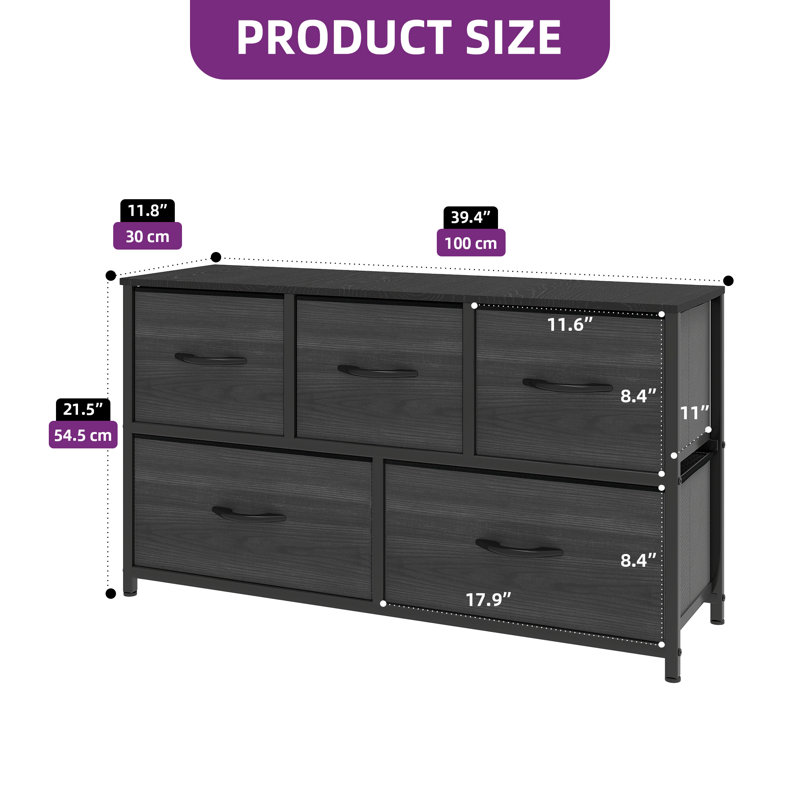 Kathiria 39.4"W 5 Drawer Small Dresser, Black Wood