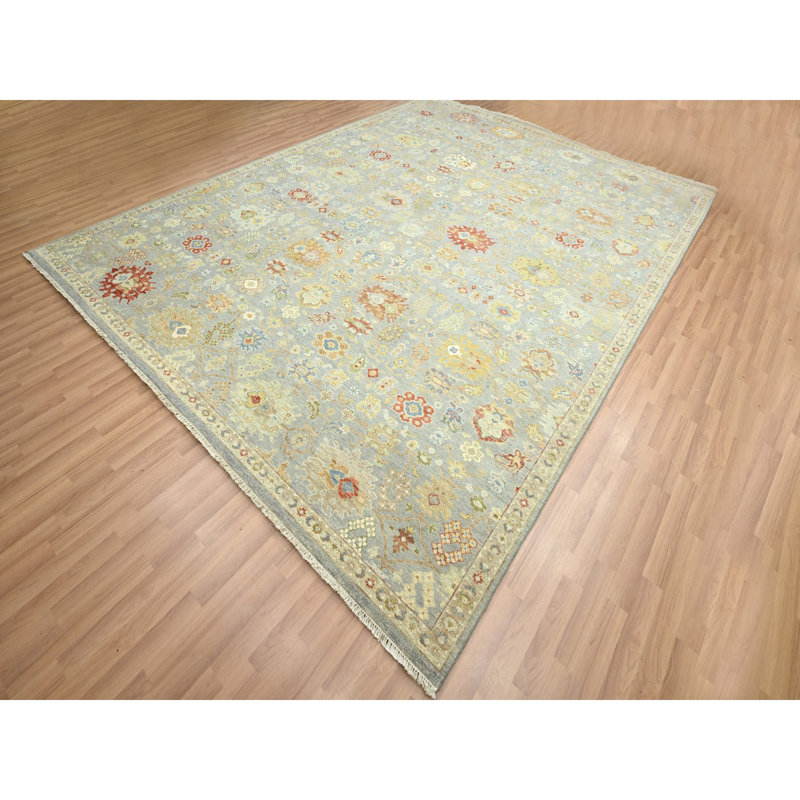 Tapis gris 9 pi 2 po x 12 pi, motif Agra avec motif Ziegler, motif de feuille géométrique, noué à la main, 100% laine, teintures naturelles, tapis oriental