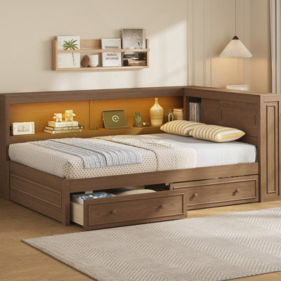 Lit de jour en bois pleine grandeur avec rangement, USB, DEL et 2 tiroirs, parfait pour une vie moderne et efficace