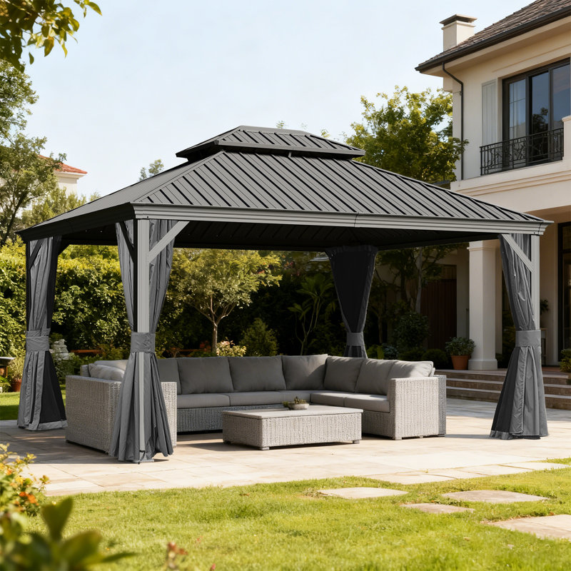 11x13 FT Outdoor Galvanized Steel Patio Gazebo with Double Roof, 118.19" H x 156.22" W x 131.42" D, Gray