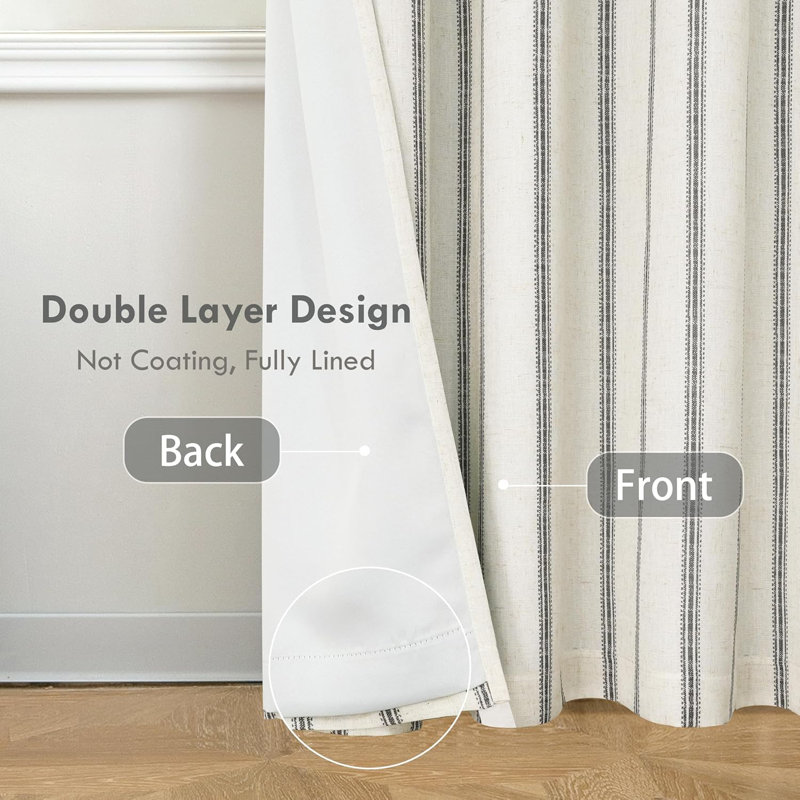 Blackout Curtain Pair, 52" W x 108" L, Black Stripe/Light Linen-Back Tab