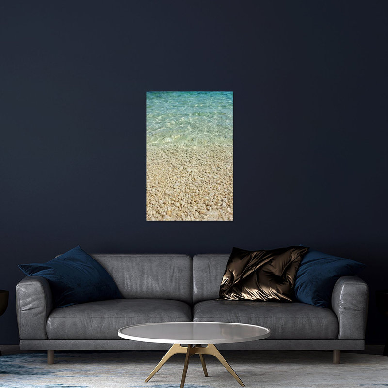 Turquoise bleu océan et galets dorés, impression sur verre acrylique, H 32 po x l 24 po x P 0,25 po