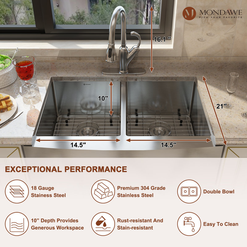 33"L x 22"W Double Bowl Stainless Steel Farmhouse Kitchen Sink