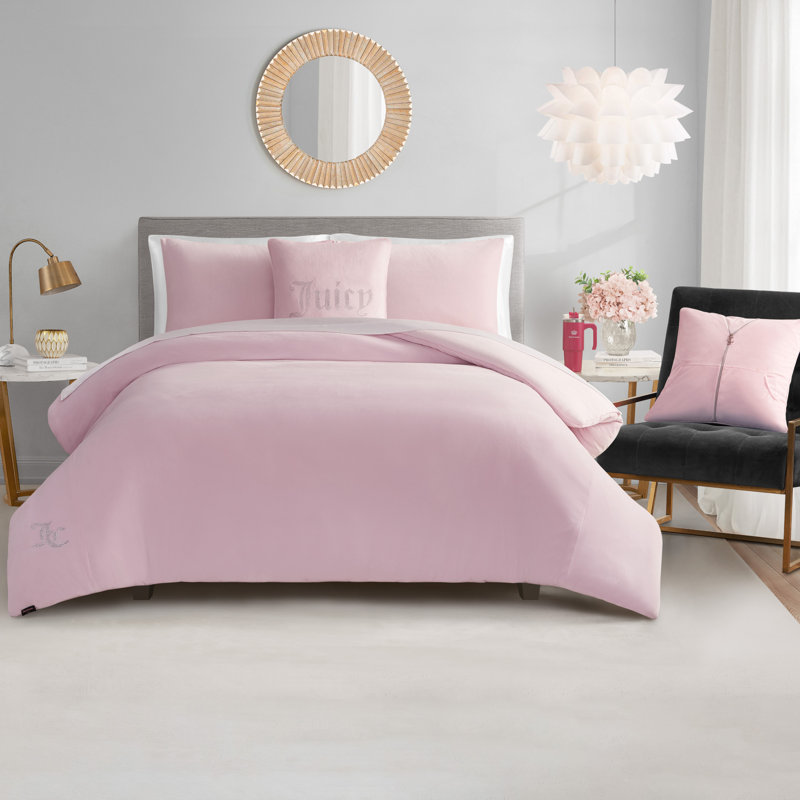 Juicy Couture Velour Comforter Set with 2 Decorative Pillows, Queen + 2 Standard Shams, Marshmallow Pink