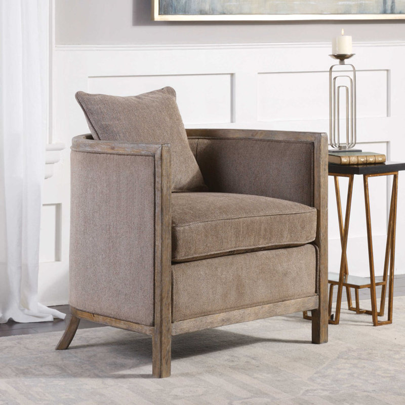 Gray Wood Barrel Accent Chair with Chenille Fabric
