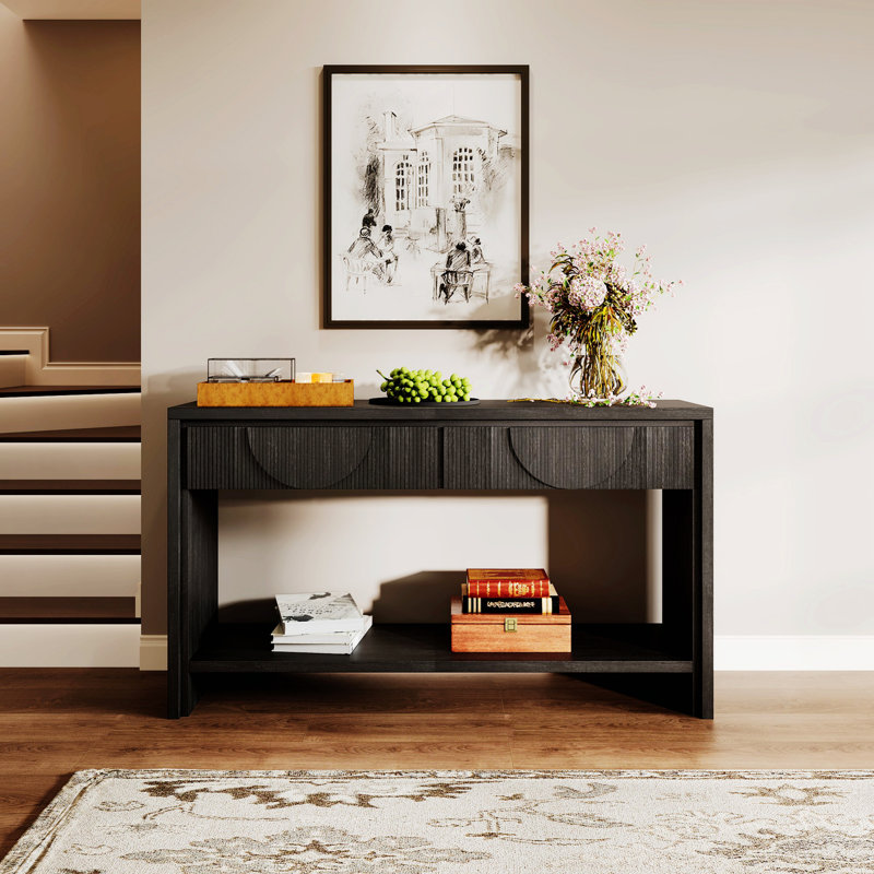 Console de style campagnard avec tiroirs de rangement et tablette ouverte, Noir