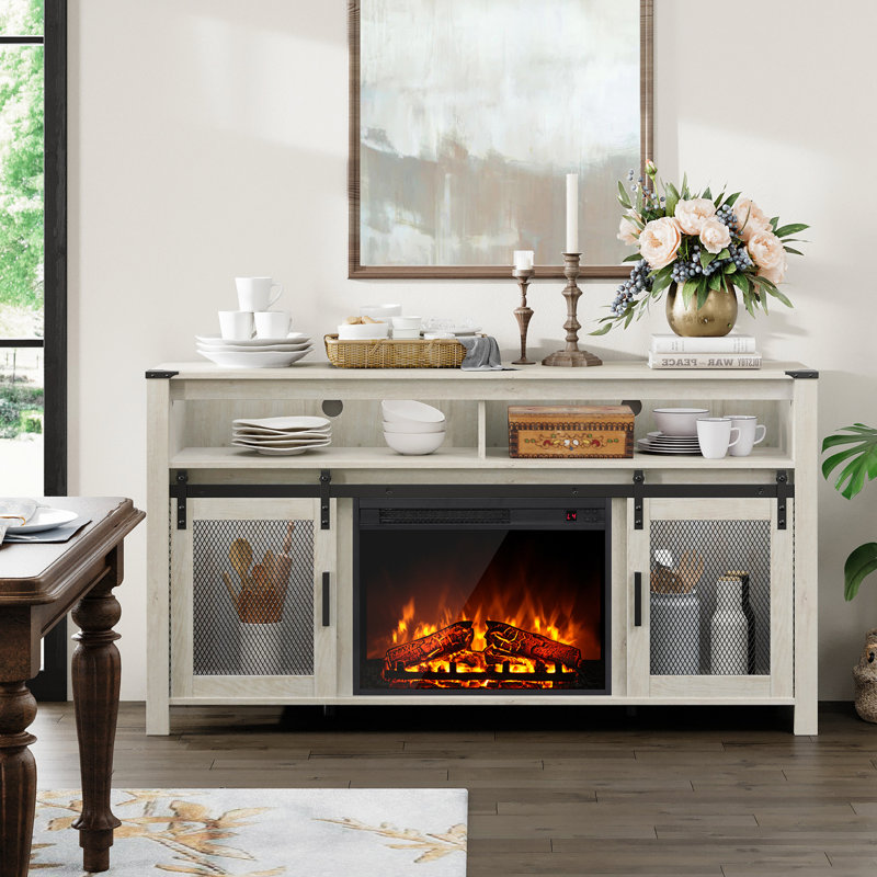 Crédence de rangement 59 po avec foyer électrique inclus, Blanc antique