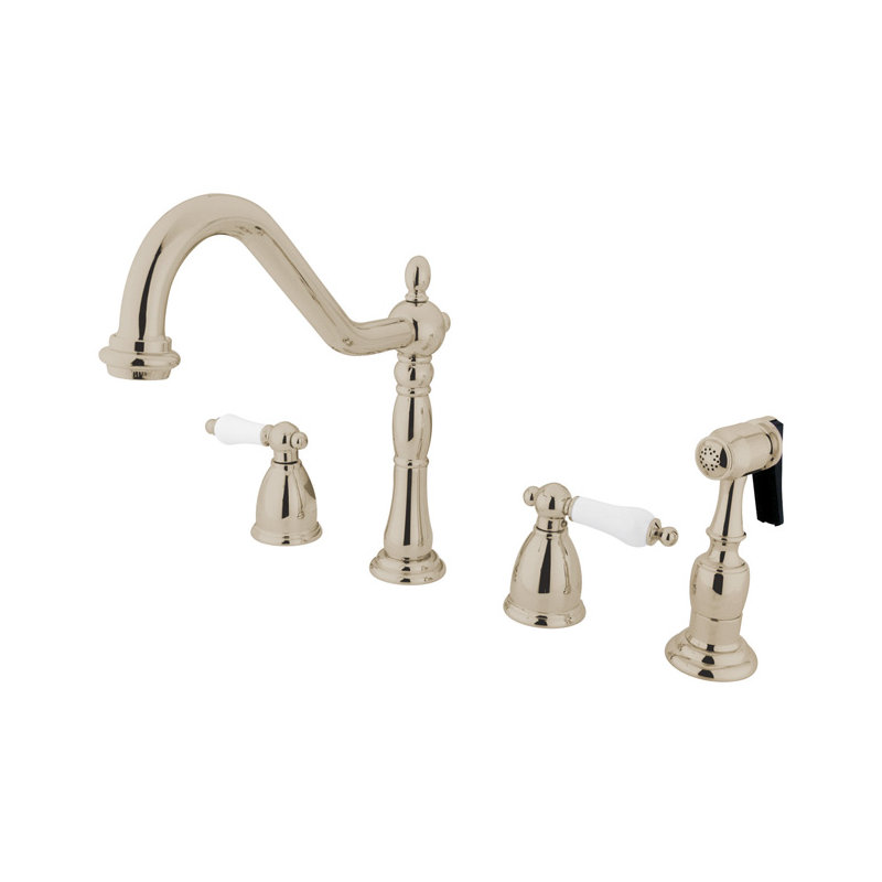 Heritage Two Handle Widespread Kitchen Faucet with Porcelain Lever Handles, Brushed Nickel/Polished Brass