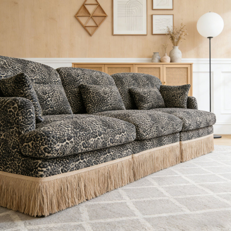 Comfy Chenille Leopard Printing Sofa,Delicate Tassel Edge,Movable Ottomans,Modern Fashion Style, khaki+3seat
