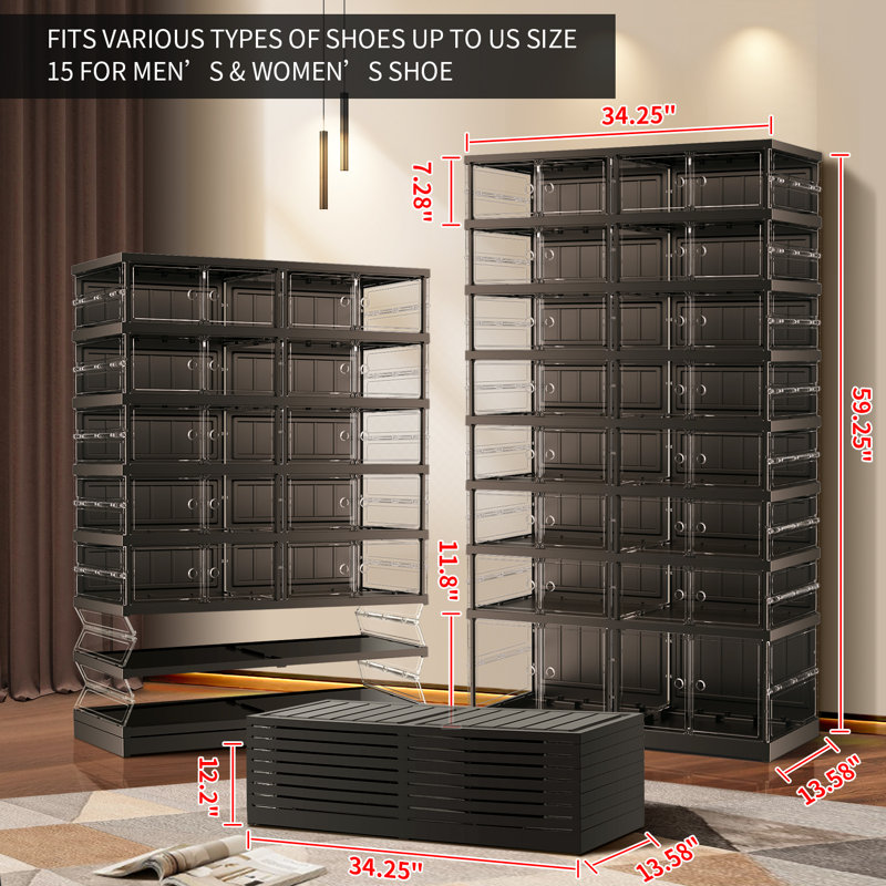 8-Tier 16-32 Pairs Plastic Stackable Shoe Storage Cabinet For Entryway Easy Assembly, Black