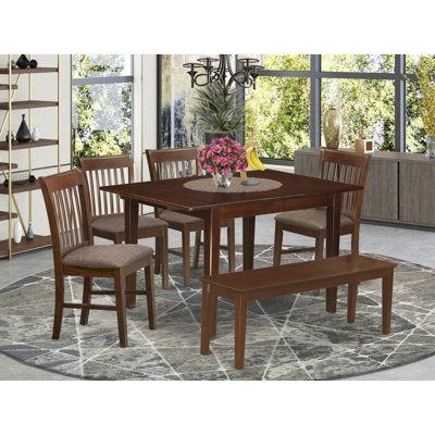 6 Piece Dining Room Table Set Contains a Rectangle Kitchen Table with Butterfly Leaf and 4 Linen Fabric Dining Chairs with a Bench, Mahogany