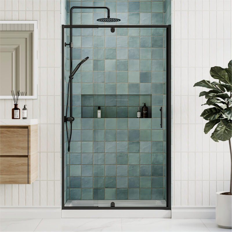 Porte de douche pivotante semi-encadrée de 96,5 à 106,7 cm (L) x 180,3 cm (H) avec verre trempé transparent de 6,35 mm (1/4 po).