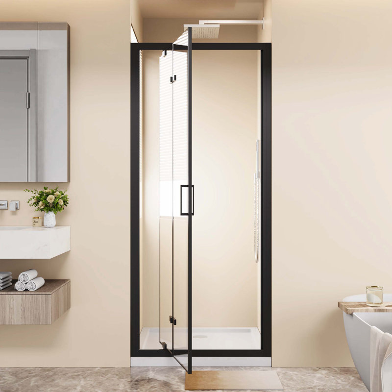 Porte de douche à double pivot pliable noire, 30 po x 72 po, conception pliante et peu encombrante, verre trempé transparent de 1/4 po, fixation réversible, poignée en acier inoxydable