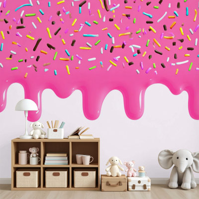 Papier peint auto-adhésif crème glacée rose fondant, bonbon mignon, parsemée de longues bordures murales, H 69 po x l 96 po, papier peint amovible en PVC, adhésif pour chambre à coucher, salon, bureau à domicile