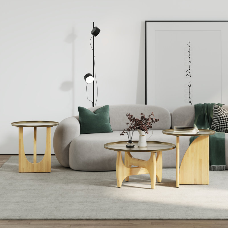 Ensemble de tables basses rondes, 3 pièces: table basse, 2 tables de bout, Beige