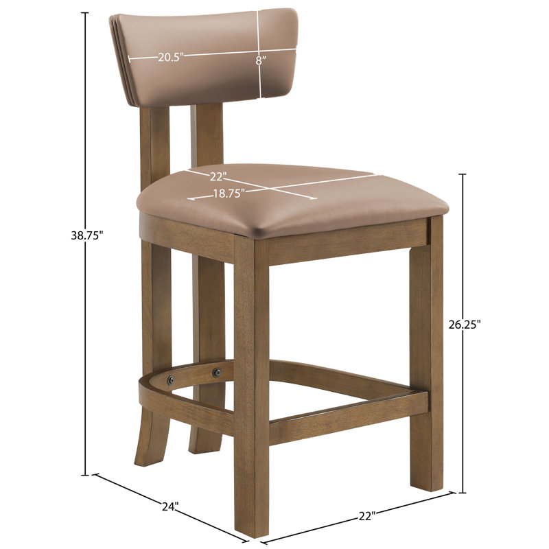 Tabouret de comptoir rembourré en cuir Phalan, Noyer teinté, Cuir brun clair végétalien