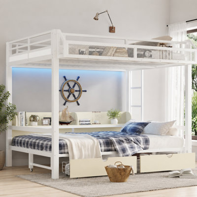 Grand lit superposé en métal pour grand lit, lit inférieur convertible en canapé avec tablettes et tiroirs de rangement, lit superposé multifonctionnel avec ports de charge USB et lumières DEL, blanc