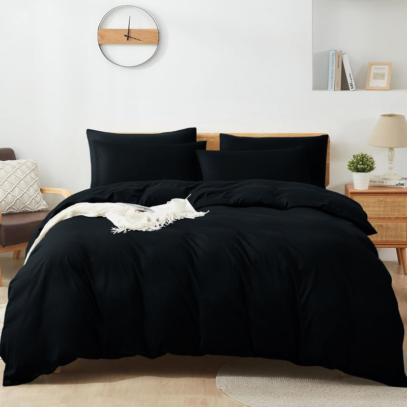 Premium 4-Piece Ultra-Soft Microfiber Duvet Complete Cover Set, Black, Single Duvet Cover + 2 Additional Pieces