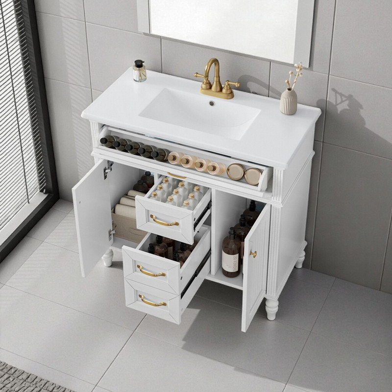 Meuble-lavabo 36 po avec lavabo en céramique, portes à fermeture en douceur et grand espace de rangement, Blanc