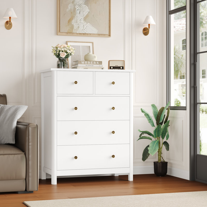 Commode autoportante à 5 tiroirs Hornell en bois 37 po Hornell - Mid-Century, Ivoire blanc